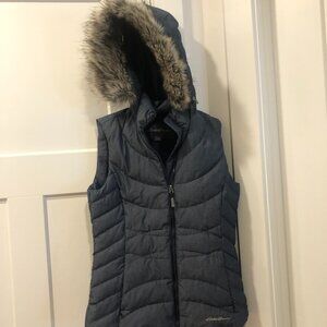 ddie Bauer Down Faux Fur Hooded Full Zip Quilted Puffer Vest Jacket Gray